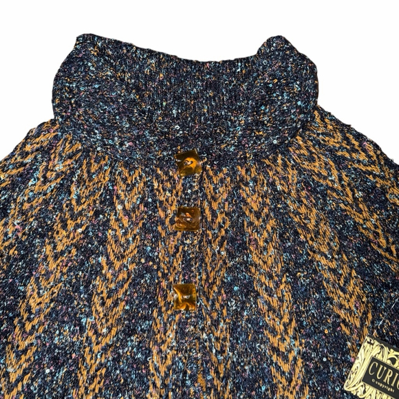 Anthropologie Curio Navy Gold Knit Poncho Sweater L Fall Cape Chunky knit - Picture 3 of 7